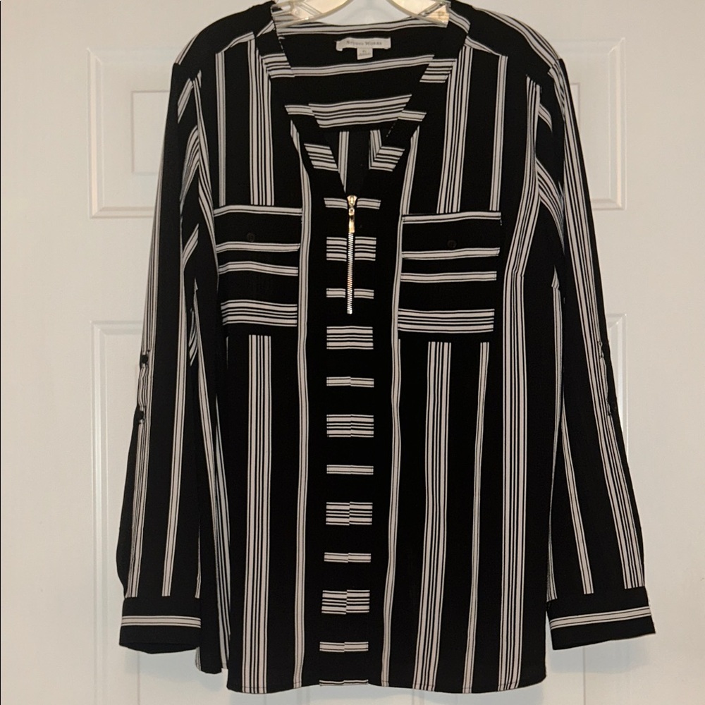 Studio Works Striped Women's Tunic Top XL Black White Quarter Zip V-Neck